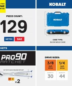 Kobalt Mechanics Tool Sets 129-Piece Standard (SAE) and Metric Combination Polished Chrome Mechanics Tool Set (1/4-in; 3/8-in) -Household Tools Shop 17783413 scaled
